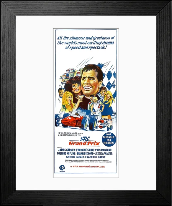 Framed Print : GRAND PRIX, top from left: Toshiro Mifune, Jessica Walter, James Garner, antonio Sabato, Francoise Hardy, bottom cheek to cheek: Yves Montand, Eva Marie Saint, 1966