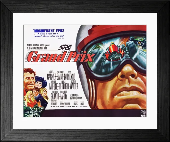 Framed Print : GRAND PRIX, clockwise: James Garner, Jessica Walter, Francoise Hardy, Antonio Sabato on British poster art, 1966 Framed Print : GRAND PRIX, clockwise: James Garner, Jessica Walter, Francoise Hardy, Antonio Sabato on British poster art, 1966