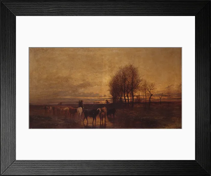 Framed Print : Pets conducted to water at sunset, by Charles Pittara, 1870 - 1873, 19th century, oil on canvas. - Italy, Lombardy, Milan, Brera Academy. Whole artwork view