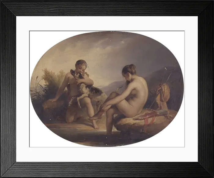 Framed Print : Two nymphs joking with a dog, by Francis Podesti, 19th century, oil on canvas. - Italy, Lombardy, Milan, Brera Academy. Whole artwork view