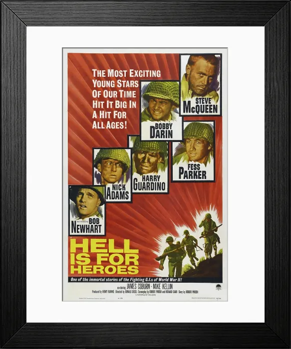 Framed Print : HELL IS FOR HEROES, l-r: Bob Newhart, Nick Adams, Harry Guardino, Bobby Darin, Fess Parker, Steve McQueen on poster art, 1962