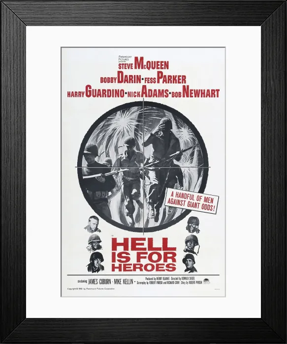 Framed Print : HELL IS FOR HEROES, US poster, left from top: Steve McQueen, Bobby Darin, Fess Parker, right from top: Harry Guardino, Nick Adams, Bob Newhart, 1962