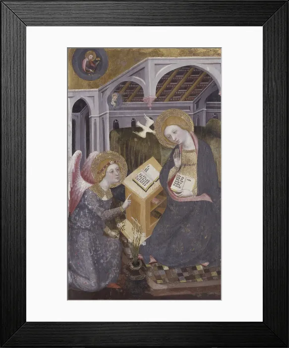 Framed Print : Annunciation, by Pedro Serra, 19th century, tempera on panel. - Italy, Lombardy, Milan, Brera Collection. Whole artwork view. The angel Gabriel kneeling in front of Mary