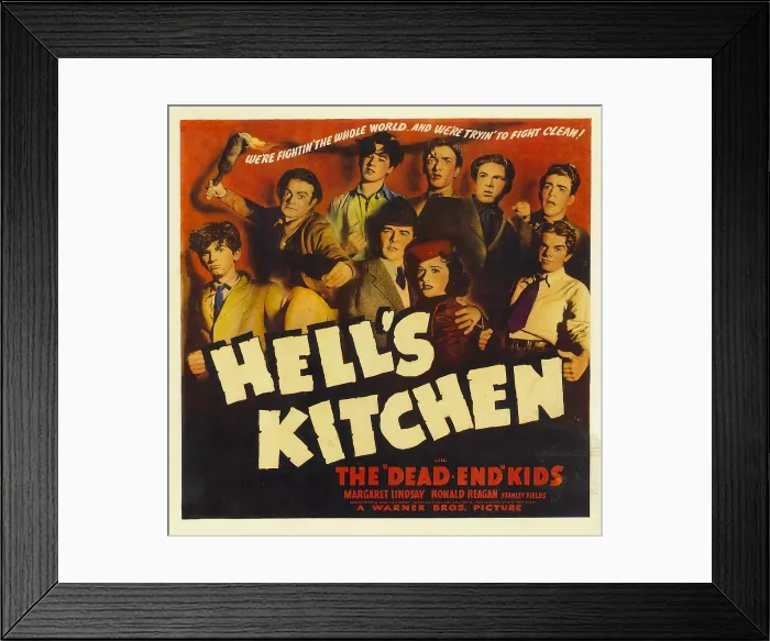 Framed Print : HELL'S KITCHEN, bottom right from left: Ronald Reagan, Margaret Lindsay with The Dead End Kids on window card, 1939