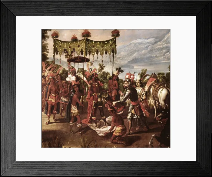 Framed Print : Aztec Emperor, Moctezuma II, leader of the Aztec empire, and Spanish conquistador Hernan Cortes meet for the first time outside the city on the shores of Lake Texcoco