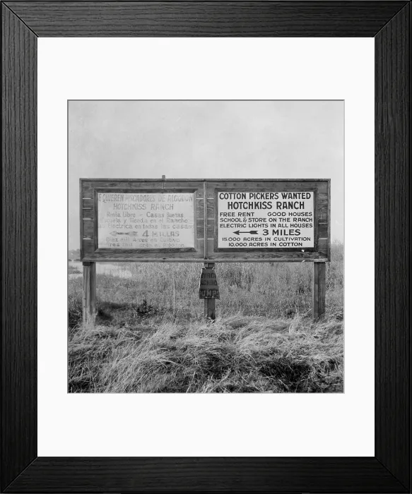 Framed Print : Signs for migrant workers in Spanish and English, Fresno, 1933. Spanish and English readers are directed to separate camps. (BSLOC_2013_7_29) Framed Print : Signs for migrant workers in Spanish and English, Fresno, 1933. Spanish and English readers are directed to separate camps. (BSLOC_2013_7_29)