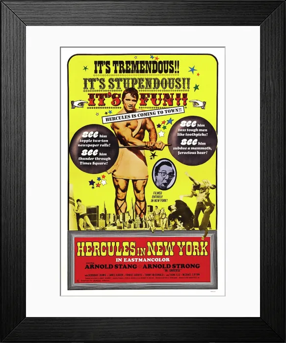 Framed Print : HERCULES IN NEW YORK, US poster, Arnold Schwarzenegger, Arnold Stang (in circle), 1969 Framed Print : HERCULES IN NEW YORK, US poster, Arnold Schwarzenegger, Arnold Stang (in circle), 1969
