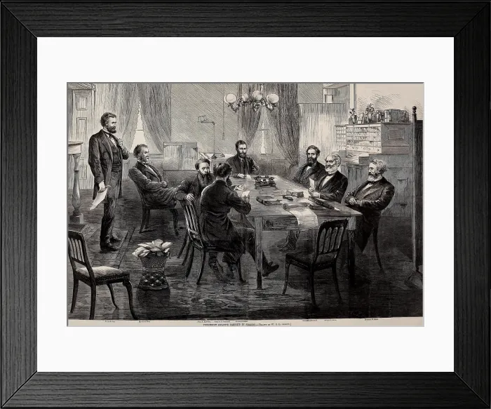 Framed Print : President Ulysses Grants first cabinet in session, c. April 1868. L-R: Jacob Cox, Interior; Hamilton Fish, State; John Rawlins, War; John A. J