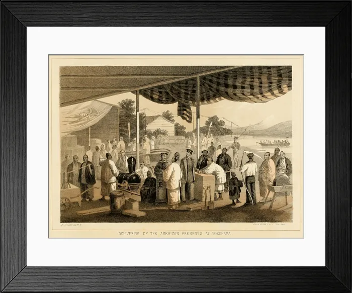 Framed Print : On March 13, 1854, American presents were delivered at Yokohama, in a building constructed next to the Treaty House, for the purpose of their display