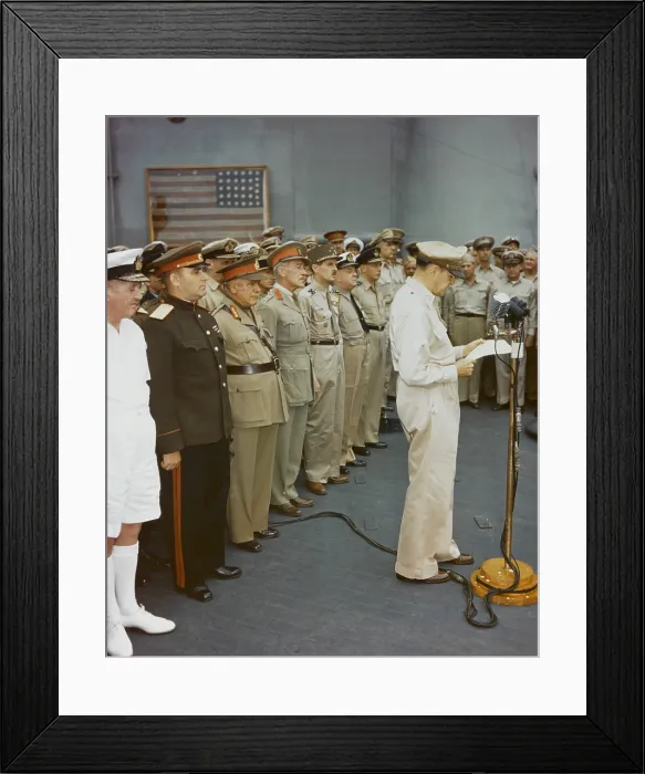 Framed Print : General of the Army Douglas MacArthur, Supreme Allied Commander, Southwest Pacific Area, at the opening of the surrender ceremonies, on board USS Missouri, Sept. 2, 1945 Framed Print : General of the Army Douglas MacArthur, Supreme Allied Commander, Southwest Pacific Area, at the opening of the surrender ceremonies, on board USS Missouri, Sept. 2, 1945