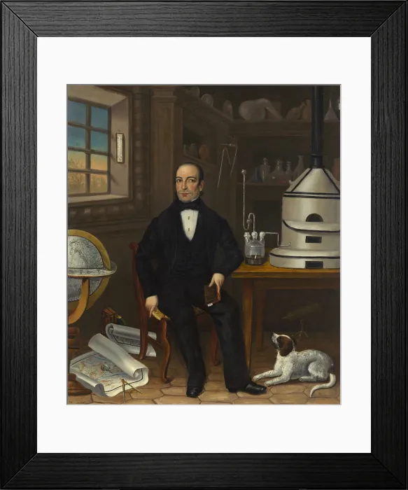 Framed Print : Man of Science, 1839, by an unknown American artist. The individual scientist sits in his chemical laboratory, with bottles and flasks of chemicals