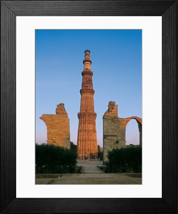 Framed Print : Quwwat al Islam Mosque, Qutb Minbar (Minaret of Qubt), by Unknown Artist, 1199 - 1368, 12th Century - 14th Century, m 72 x - India, National Capital Territory of Dehli -NCT