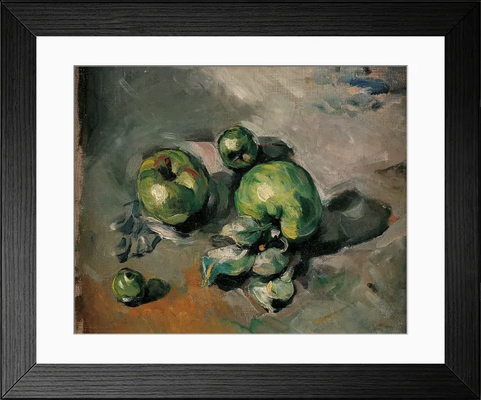 Framed Print : Green Apples, by Paul Czanne, 1873, 19th Century, oil on canvas - France, Paris, Muse d'Orsay. Whole artwork view. Still life with green apples on a table Framed Print : Green Apples, by Paul Czanne, 1873, 19th Century, oil on canvas - France, Paris, Muse d'Orsay. Whole artwork view. Still life with green apples on a table