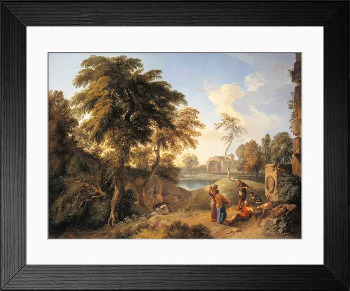 Framed Print : Landscape with Figures, by Andrea Locatelli, 1720 - 1729 about, 18th Century, oil on canvas, cm 54 x 70 - Italy, Lombardy, Milan, Archbishopric. All