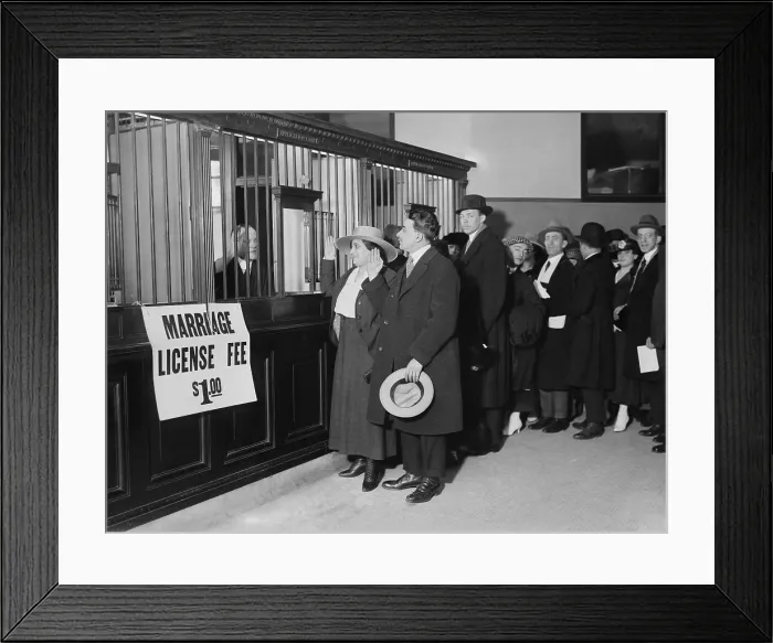 Framed Print : Couples lined up in New York City to apply for their $1.00 marriage licenses, 1915-20