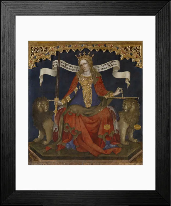 Framed Print : Justice between the Archangels Michael and Gabriel, by Jacobello del Fiore, 1421 about, 15th Century, gilded pastiglia decorations on panel, cm 208 x 133 left side Framed Print : Justice between the Archangels Michael and Gabriel, by Jacobello del Fiore, 1421 about, 15th Century, gilded pastiglia decorations on panel, cm 208 x 133 left side