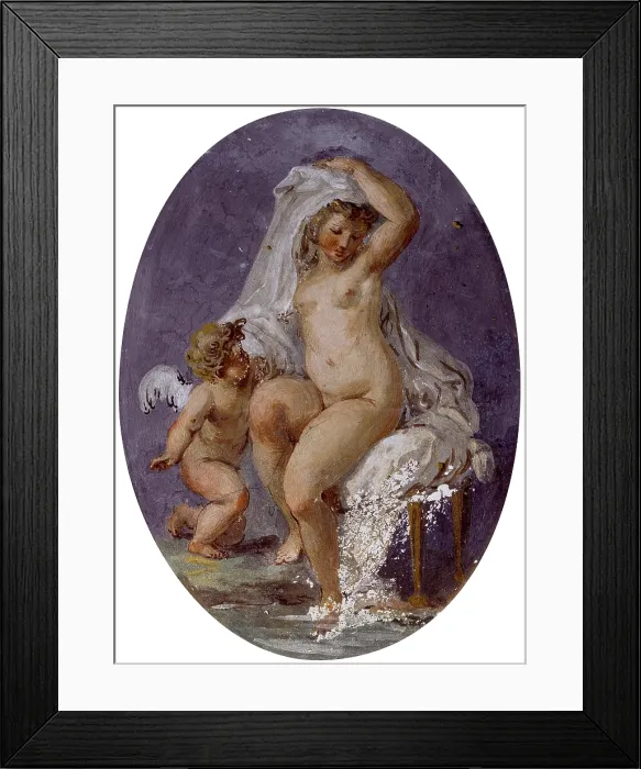 Framed Print : Venus at the bathroom, by Pier Antonio Novelli, 18th century, fresco. - Italy, Veneto, Padua, Palazzo Pisani. Whole artwork view. Oval with Venus at the bathroom with cupid