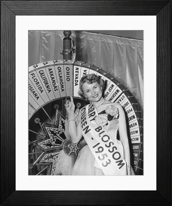 Framed Print : The 1953 Cherry Blossom Festival Queen, April 10, 1953. First Lady Mamie Eisenhower crowned Queen Janet Bailey in 1953