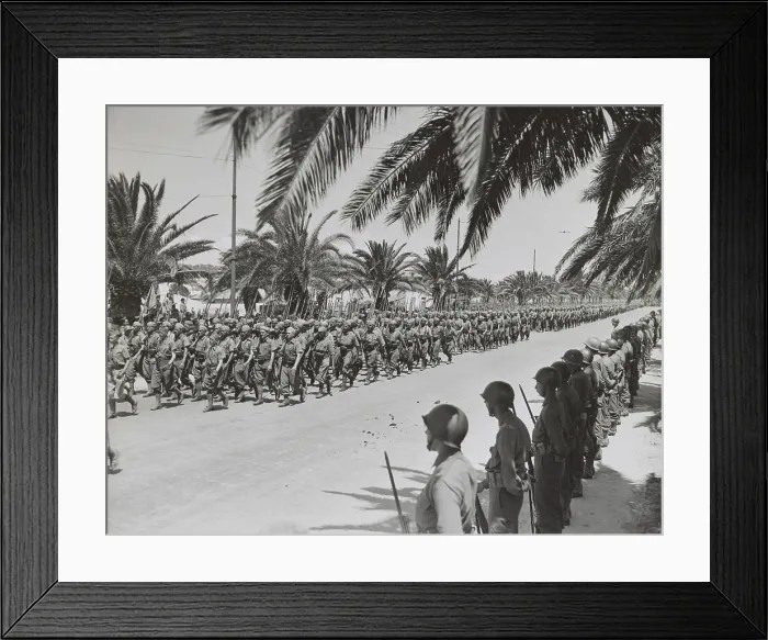 Framed Print : French soldiers marching in the Allied victory parade along Avenue Gambetta. American soldiers standing at parade rest in the foreground. May 20, 1943. (BSLOC_2013-12_80)