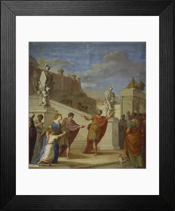 Framed Print : Scipio leaving for the exile, by Pier Antonio Novelli, 18th century, fresco. - Italy, Veneto, Padua, Palazzo Pisani. Whole artwork view. The parting of Scipio by his loved ones Framed Print : Scipio leaving for the exile, by Pier Antonio Novelli, 18th century, fresco. - Italy, Veneto, Padua, Palazzo Pisani. Whole artwork view. The parting of Scipio by his loved ones