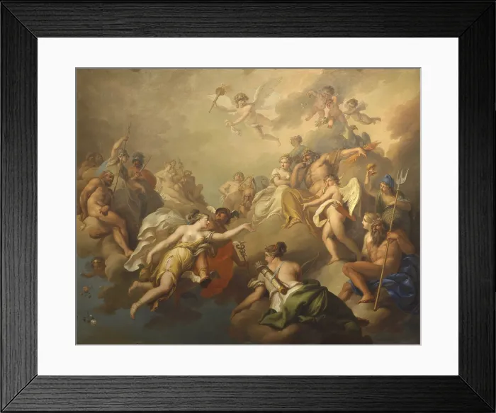 Framed Print : Venus and Psyche, by Pier Antonio Novelli, 18th century, oil on canvas. - Italy, Lazio, Rome, Villa Borghese. Detail. Among the clouds the gods of Olympus