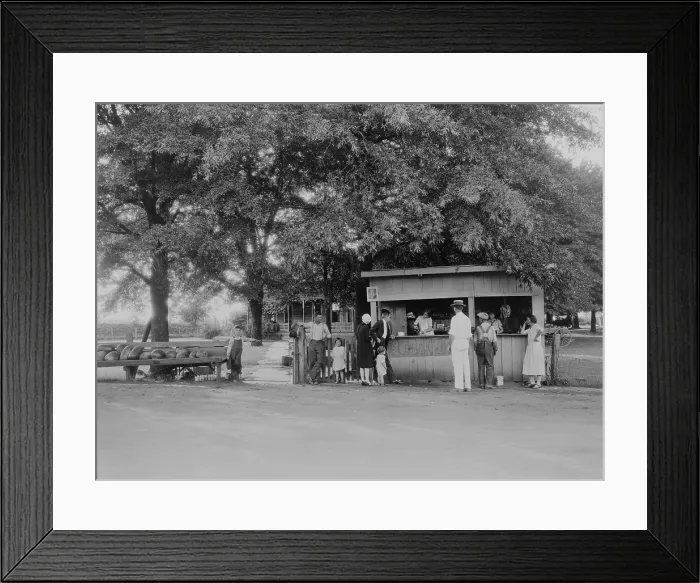 Framed Print : City folk in their high heels, cloche hat, suit, and neat toddler clothes at roadside food stand. 1925-30