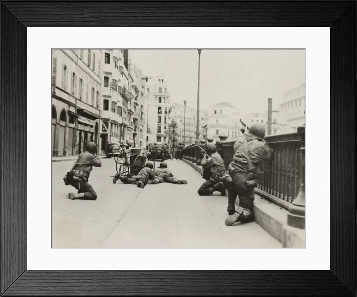 Framed Print : American soldiers in combat positions in the streets of Algiers, during Anglo-American invasion. World War 2, Nov. 8-11, 1943. (BSLOC_2013-12_77) Framed Print : American soldiers in combat positions in the streets of Algiers, during Anglo-American invasion. World War 2, Nov. 8-11, 1943. (BSLOC_2013-12_77)
