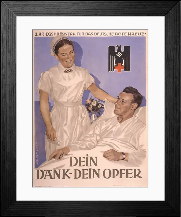 Framed Print : German Red Cross poster showing a male patient being cared for by a nurse. 1941. Top line translates, War Relief and the German Framed Print : German Red Cross poster showing a male patient being cared for by a nurse. 1941. Top line translates, War Relief and the German