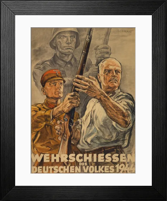 Framed Print : Defense Shooting for the German People. World War 2 poster for a civilian defense shooting contest. It depicts a soldier handing a middle-aged civilian a rifle