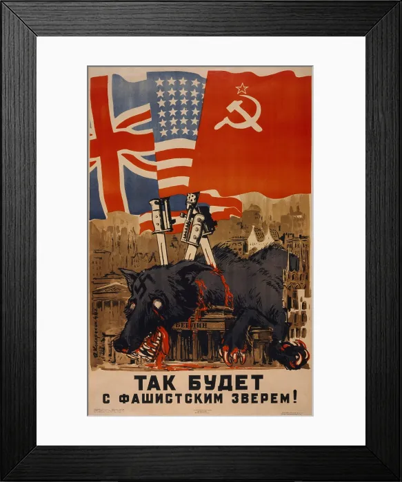 Framed Print : Soviet World War 2 poster. Flags of Allies supported by bayonets stuck in dead Nazi wolf in Berlin, Germany. 1945. (BSLOC_2014_8_224)