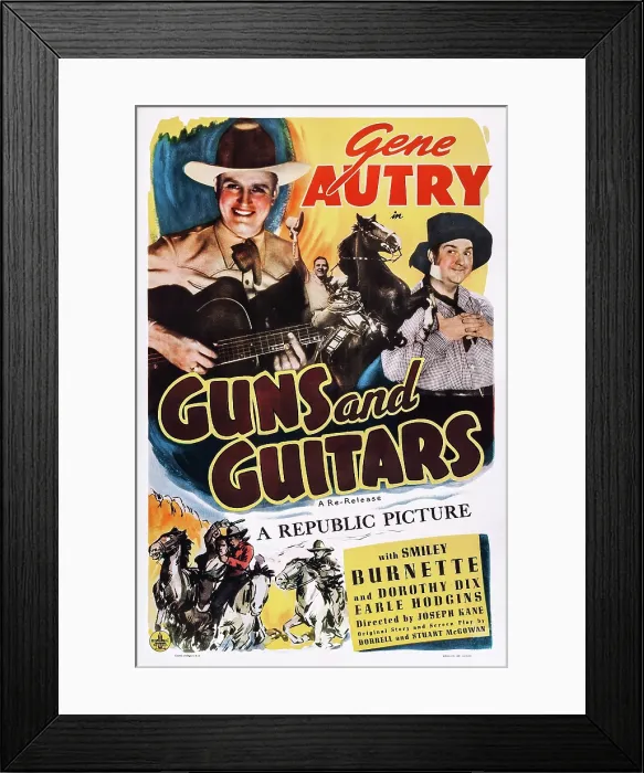 Framed Print : GUNS AND GUITARS, US poster art, top from left: Gene Autry, Smiley Burnette, 1936