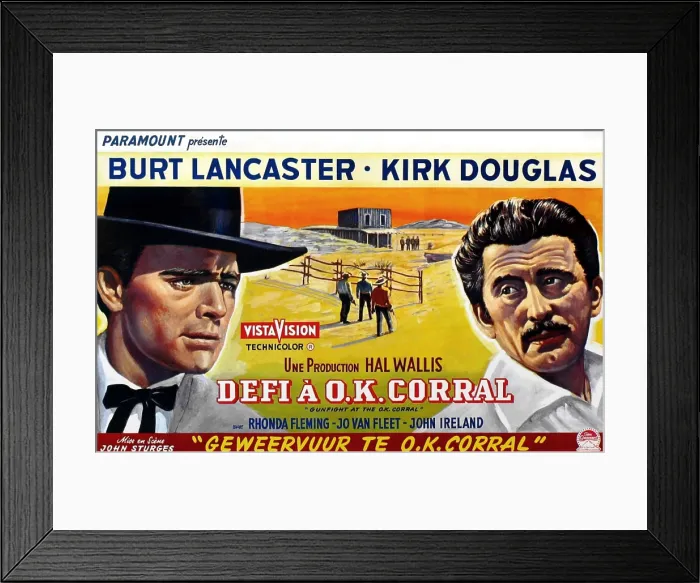 Framed Print : GUNFIGHT AT THE O.K. CORRAL, (aka GEWEERVUUR TE O.K. CORRAL, aka DEFI A O.K. CORRAL), l-r: Burt Lancaster, Kirk Douglas on Belgian poster art, 1957 Framed Print : GUNFIGHT AT THE O.K. CORRAL, (aka GEWEERVUUR TE O.K. CORRAL, aka DEFI A O.K. CORRAL), l-r: Burt Lancaster, Kirk Douglas on Belgian poster art, 1957