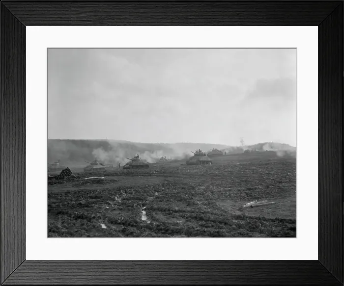 Framed Print : U.S. tanks assembled outside of a German town open fire at the beginning of an assault. Nov. 16, 1944. World War 2. (BSLOC_2014_8_59) Framed Print : U.S. tanks assembled outside of a German town open fire at the beginning of an assault. Nov. 16, 1944. World War 2. (BSLOC_2014_8_59)