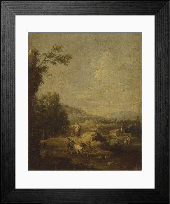 Framed Print : Landscape with peasants, by Giuseppe Zais, 18th century, oil on canvas. - Italy, Veneto, Rovigo, Seminary Collection. Whole artwork view Framed Print : Landscape with peasants, by Giuseppe Zais, 18th century, oil on canvas. - Italy, Veneto, Rovigo, Seminary Collection. Whole artwork view