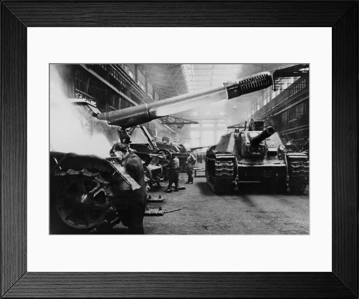 Framed Print : Soviets (Russians) assembling tanks at a Soviet plant in the Urals. The factory maintained day and night schedules during World War 2. (BSLOC_2014_8_48)