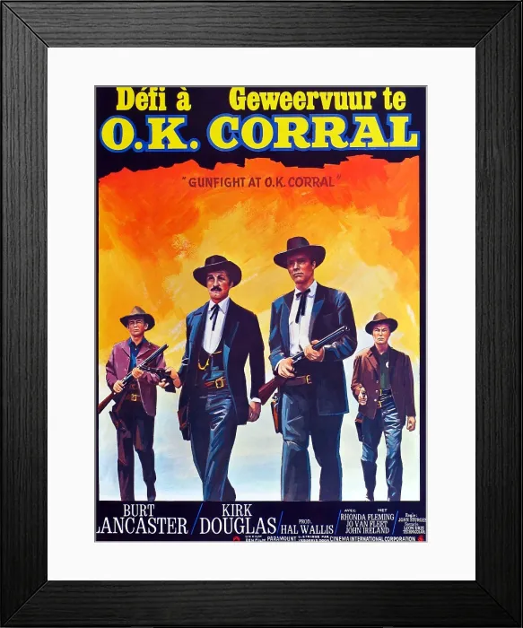 Framed Print : GUNFIGHT AT THE O.K. CORRAL, (aka GEWEERVUUR TE O.K. CORRAL, aka DEFI A O.K. CORRAL), center l-r: Kirk Douglas, Burt Lancaster on Belgian poster art, 1957