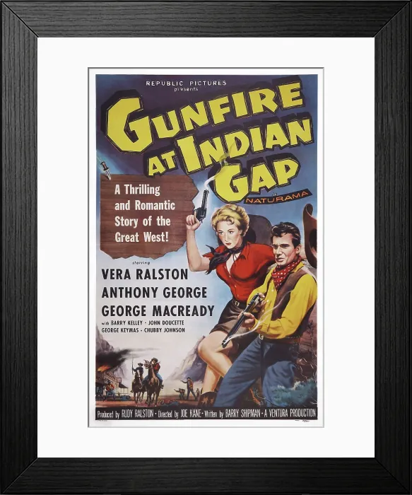 Framed Print : GUNFIRE AT INDIAN GAP, l-r: Vera Ralston, Anthony George on poster art, 1957 Framed Print : GUNFIRE AT INDIAN GAP, l-r: Vera Ralston, Anthony George on poster art, 1957