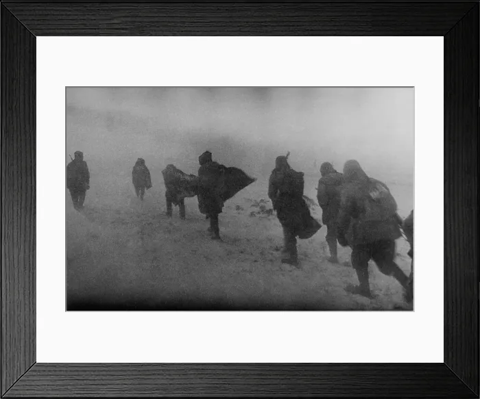 Framed Print : Soviet soldiers marching in blowing snow in 1944. World War 2 photograph by Georgi Zelma is entitled, Spring'. (BSLOC_2014_8_27)