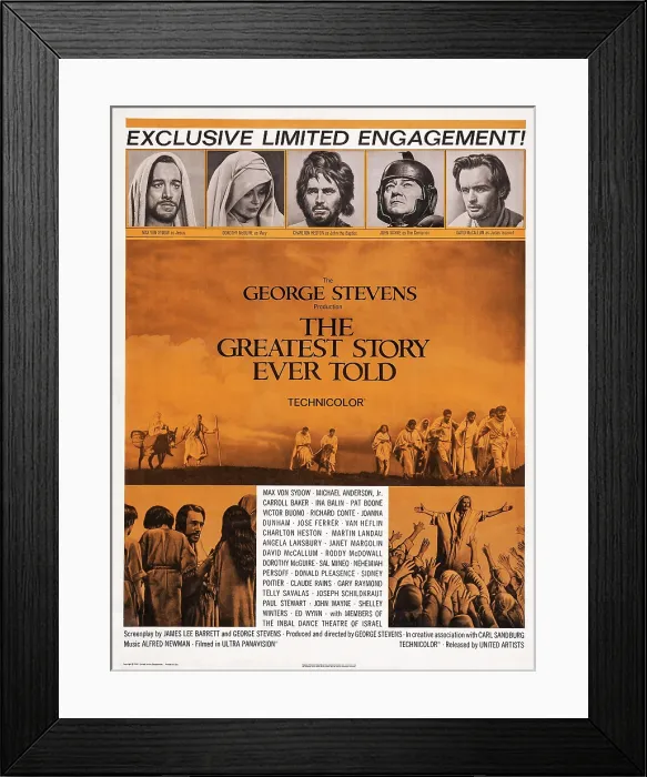 Framed Print : THE GREATEST STORY EVERY TOLD, US poster art, top from left: Max von Sydow, Dorothy McGuire, Charlton Heston, John Wayne, David McCallum, 1965