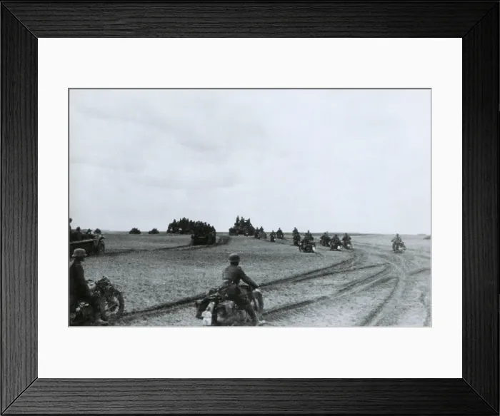 Framed Print : German motorcycle invasion troops in the Summer of 1941. Nazi photo caption identifies this as the Battle of Glosoff, Soviet Union (Russia), during World War 2. (BSLOC_2014_8_4)