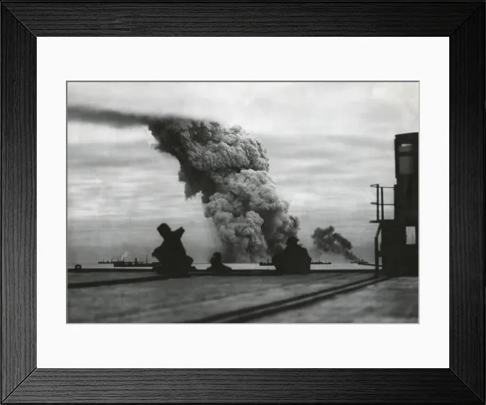 Framed Print : Smoke from a merchant ship bombed in an Allied convoy to the Soviet Union (Russia) Framed Print : Smoke from a merchant ship bombed in an Allied convoy to the Soviet Union (Russia)