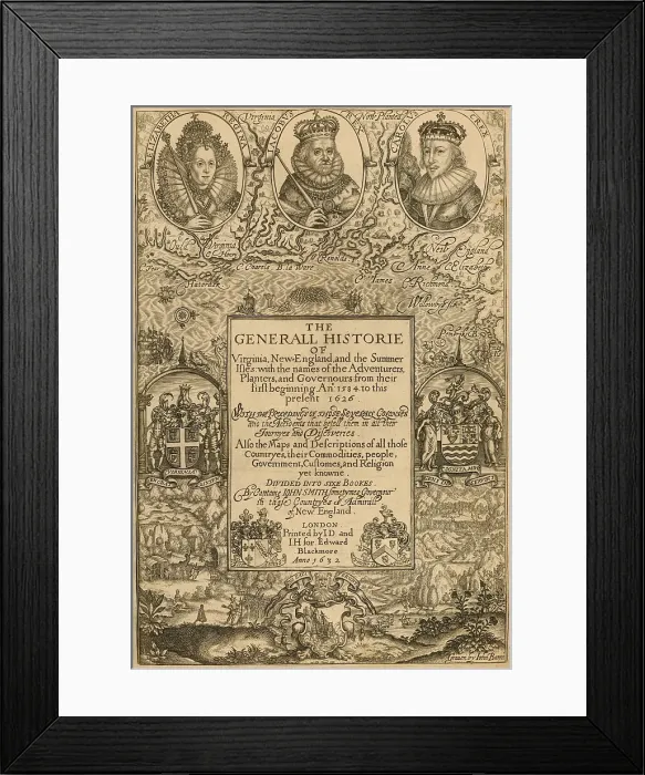Framed Print : This intricate engraving, was one of the frontispieces of Smiths 1624 book, The General History of Virginia, New England, and the Summer Isles, 1624