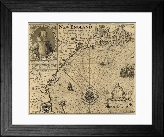 Framed Print : Map of New England accompanied Captain John Smiths encouraging description of the present-day states of the US northeast