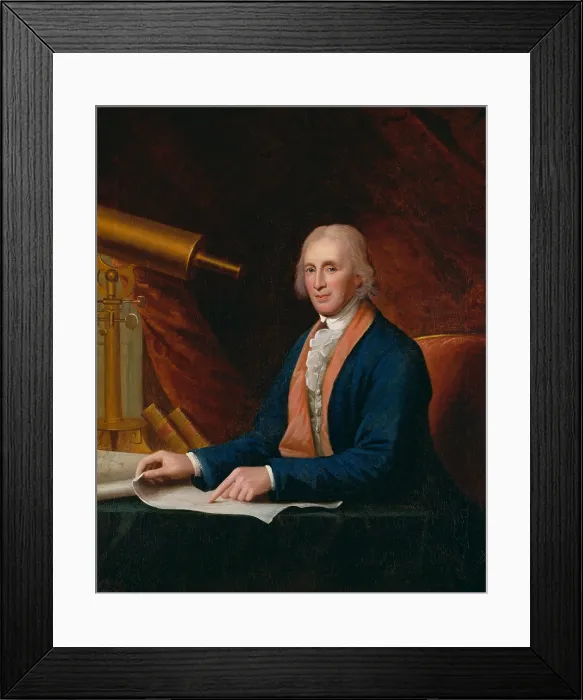 Framed Print : David Rittenhouse, 1796, by Charles Willson Peale. The Philadelphia scientist and inventor sits with a telescope and points to a astronomical map on the desk