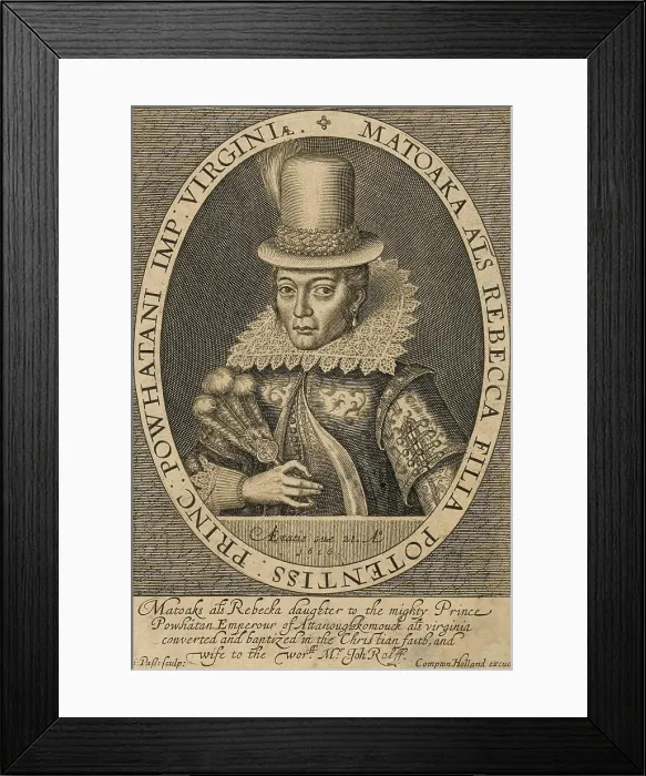 Framed Print : Portrait engraving of Pocahontas, published in John Smiths 1624 book, The General History of Virginia, New England, and the Summer Isles