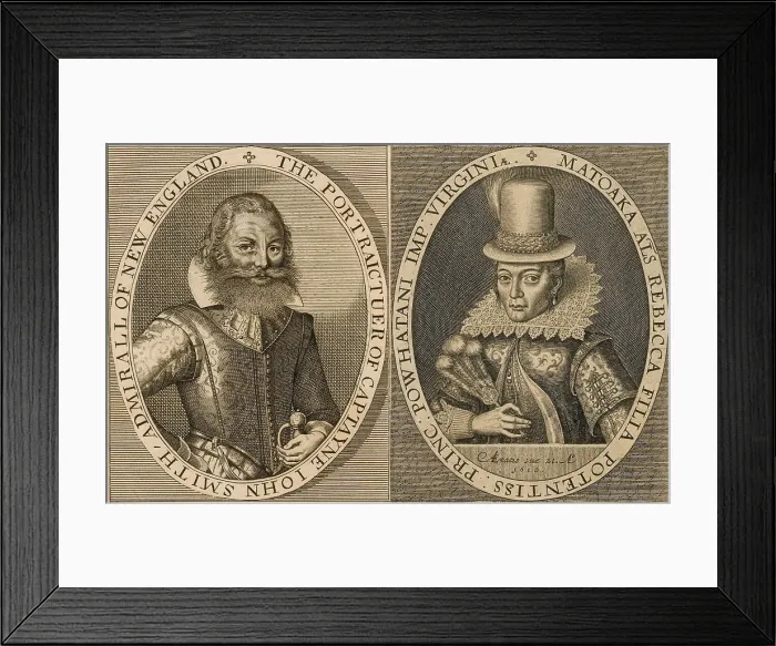 Framed Print : Portrait engravings of Captain John Smith and Pocahontas, published in John Smiths 1624 book, The General History of Virginia, New England, and the Summer Isles (BSLOC_2020_1_149) Framed Print : Portrait engravings of Captain John Smith and Pocahontas, published in John Smiths 1624 book, The General History of Virginia, New England, and the Summer Isles (BSLOC_2020_1_149)
