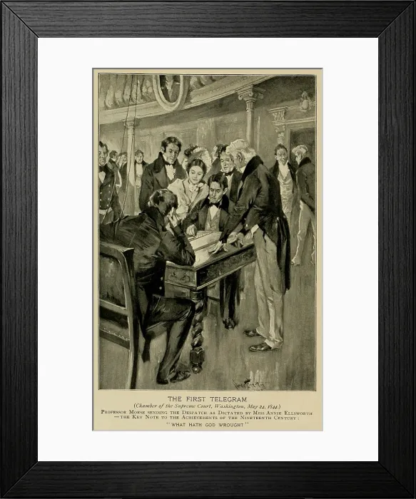 Framed Print : Samuel Morse, tapping out a message on a battery powered device in the Supreme Court Chamber, Washington, DC, on May 24, 1844