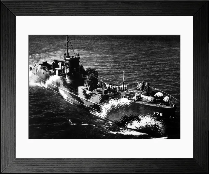 Framed Print : Starboard bow view of U.S. ship LCI 772, with camouflage painting. The patterns reduced the ship's visibility and confuse identity. July 30, 1944, World War 2 Framed Print : Starboard bow view of U.S. ship LCI 772, with camouflage painting. The patterns reduced the ship's visibility and confuse identity. July 30, 1944, World War 2