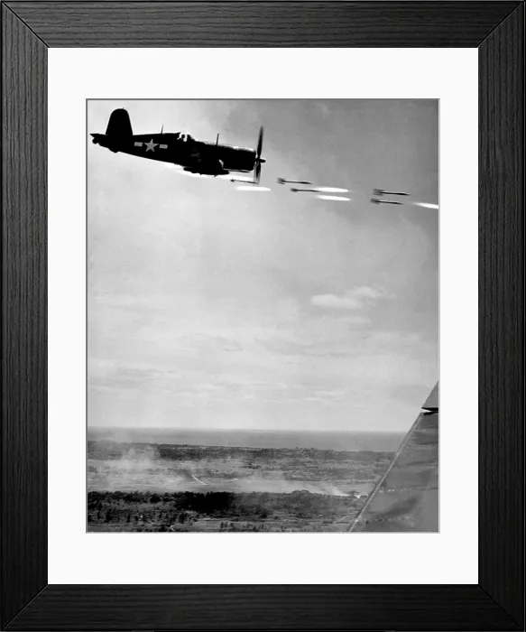 Framed Print : Marine Corsair fighter fires rockets against a Japanese stronghold on Okinawa, June 1945