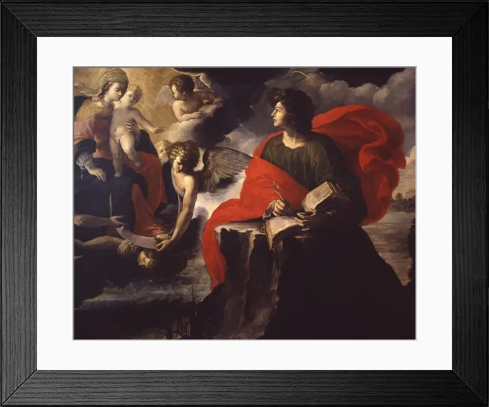 Framed Print : Vision of St. John on Patmos, by Anonymous artist, 16th century, oil on canvas. - Italy, Lombardy, Milan, Castello Sforzesco, Civic Museum of Ancient Art. Whole artwork view. St Framed Print : Vision of St. John on Patmos, by Anonymous artist, 16th century, oil on canvas. - Italy, Lombardy, Milan, Castello Sforzesco, Civic Museum of Ancient Art. Whole artwork view. St